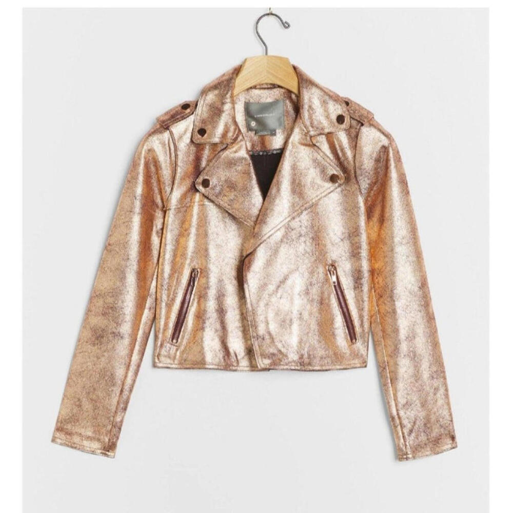 Anthropologie Womens Brisa Metallic Faux Leather Moto Jacket Size X-Large -NWOT